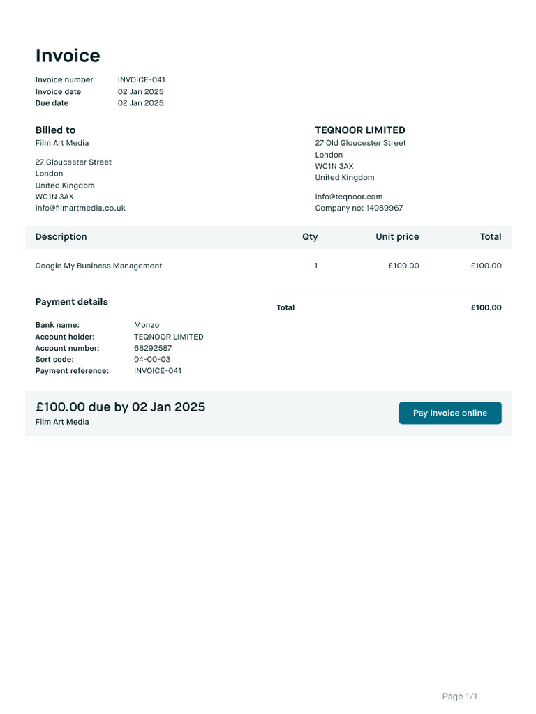 Monzo Invoice for Film Art Media | PDF