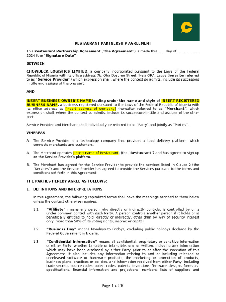 (BUSINESS NAME) Agreement - Chowdeck Restaurant Agreement Template (02 ...