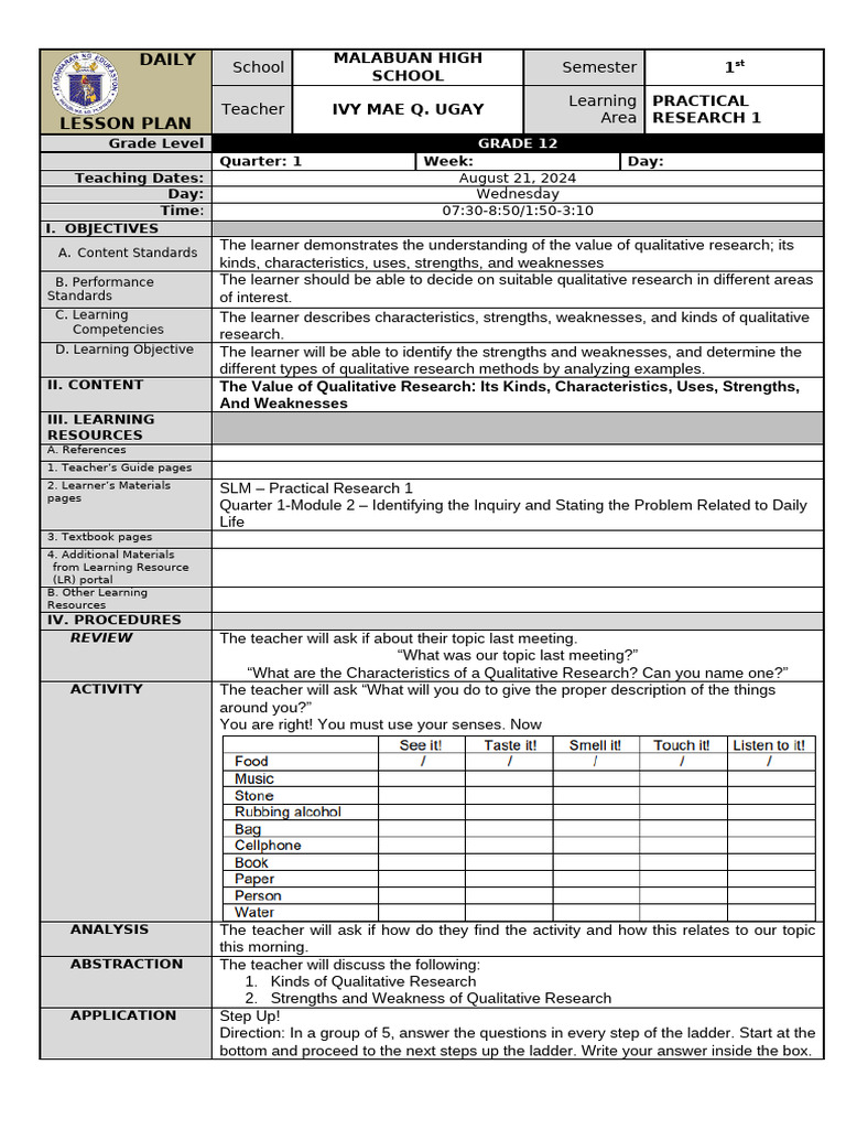 Qualitative Research Lesson Plan | PDF | Learning | Qualitative Research