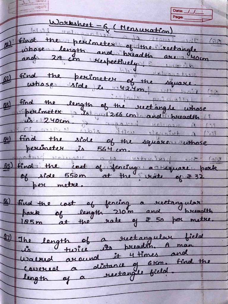 Mensuration Worksheet Class 6 PDF