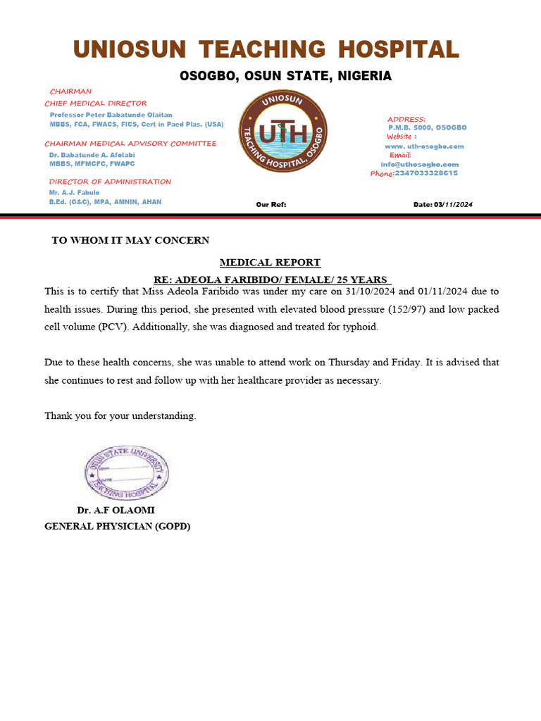 Uniosun Teaching Hospital Medical Report | PDF