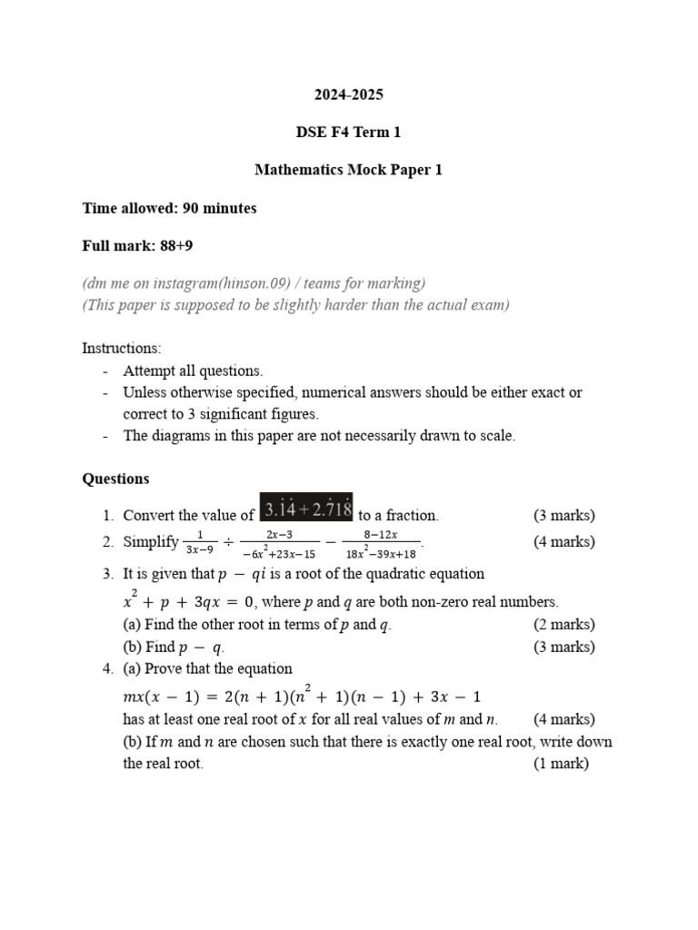 F4T1 Math Paper 1 Mock | PDF | Equations | Algebra