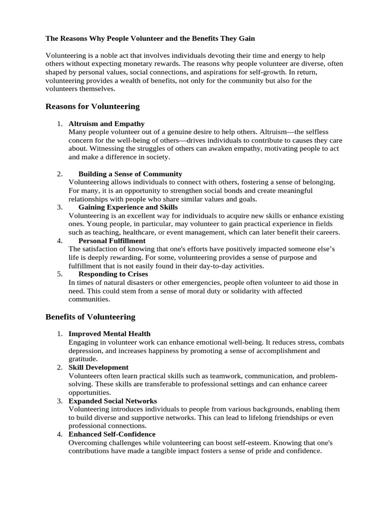 The Reasons Why People Volunteer and The Benefits They Gain | PDF ...