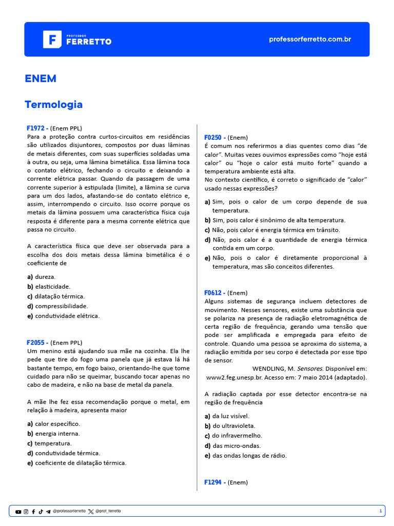 Questões de Termologia para ENEM | PDF | Calor | Temperatura