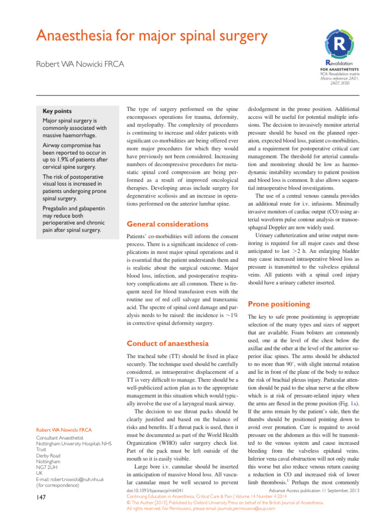 anesth for major spinal surgery | PDF | Vertebra | Anesthesia