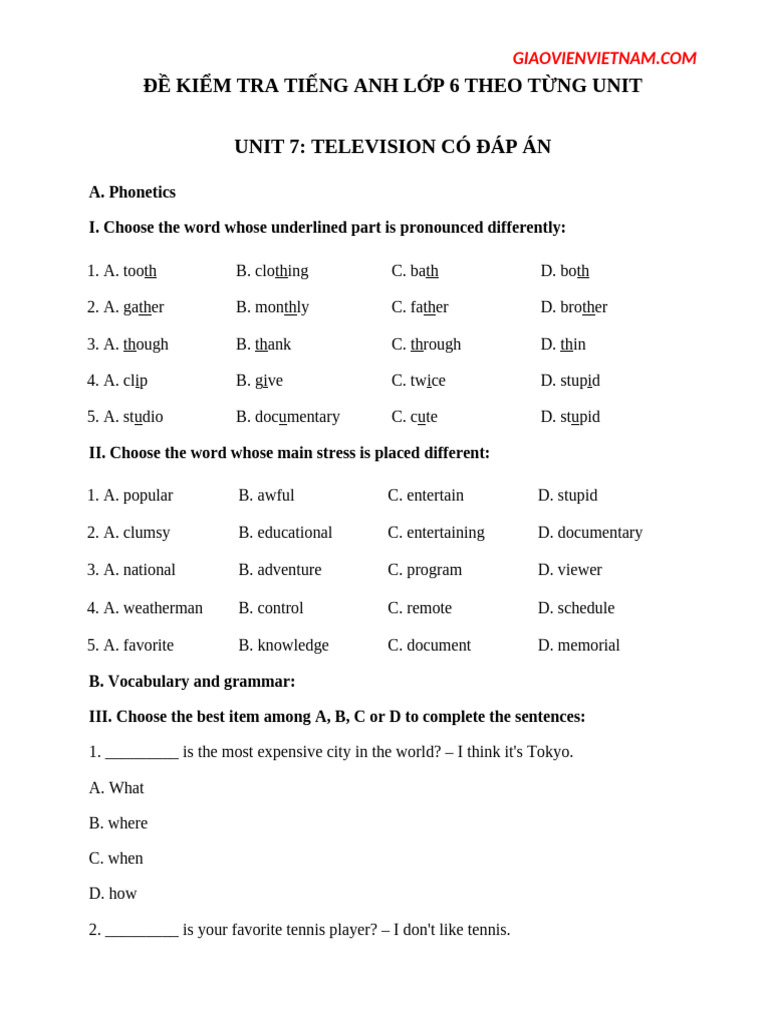 Bai Tap Tieng Anh Lop 6 Thi Diem Unit 7 Television 2 | PDF