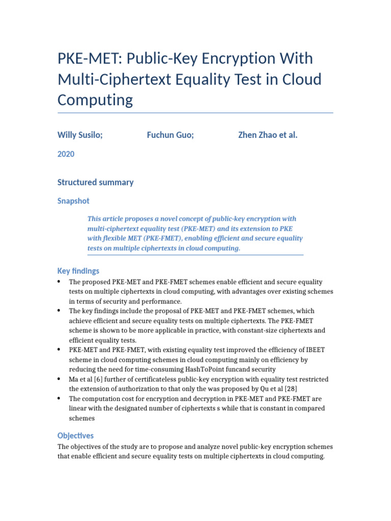 PKE-MET: Multi-Ciphertext Equality Test | PDF | Encryption | Public Key ...