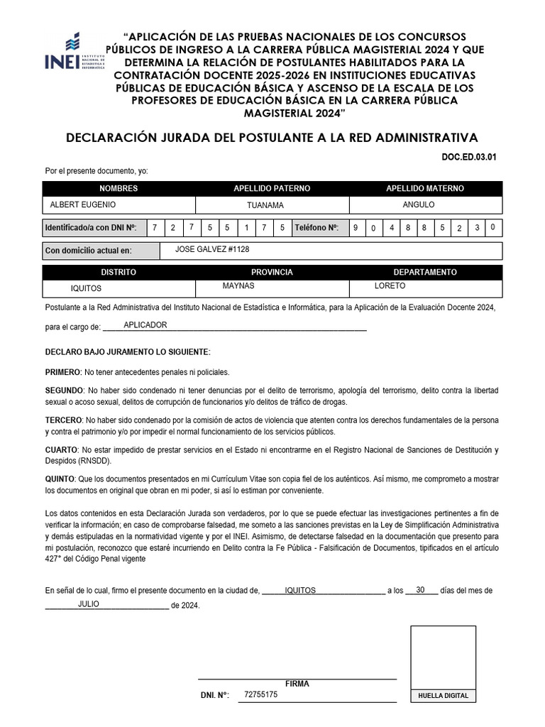 Declaración Jurada para Concurso Docente 2024 | PDF | Documento de ...