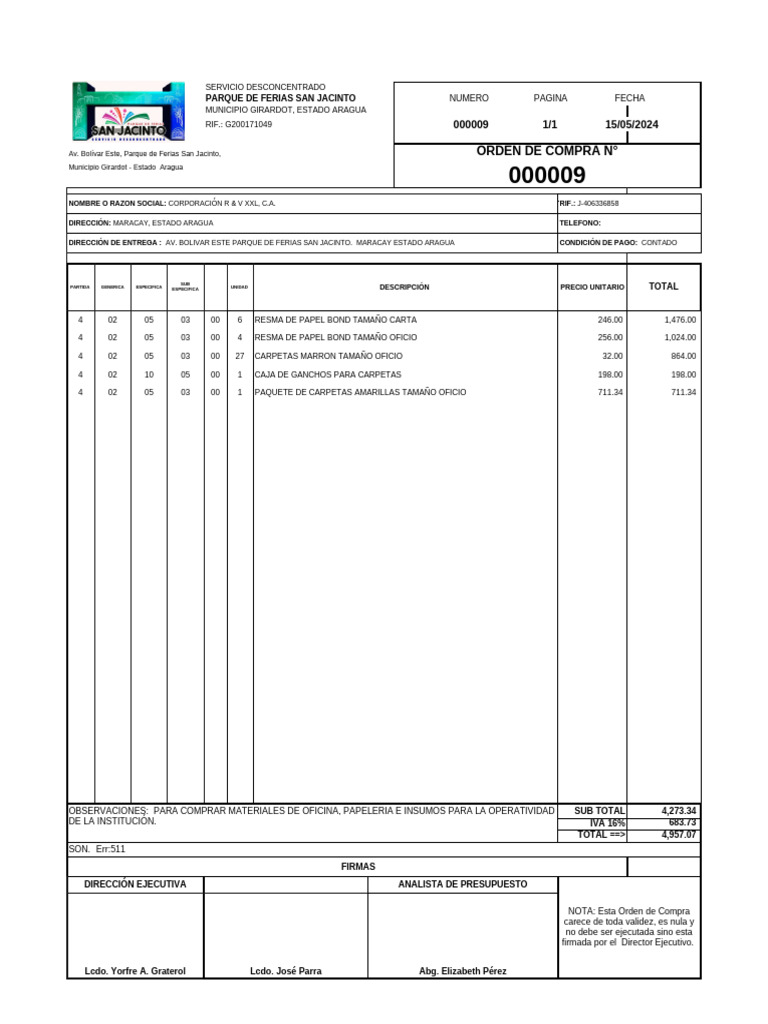 Orden de Compra para Material de Oficina | PDF