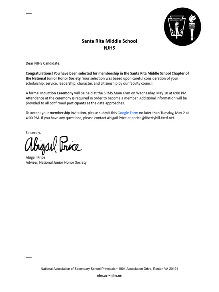 NJHS Membership Invitation - Santa Rita MS | PDF