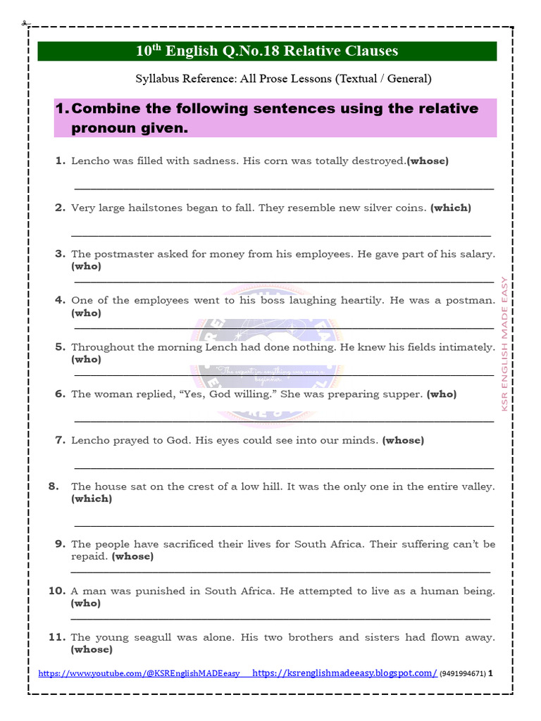 Relative Clauses Exercises for Class 10 | PDF