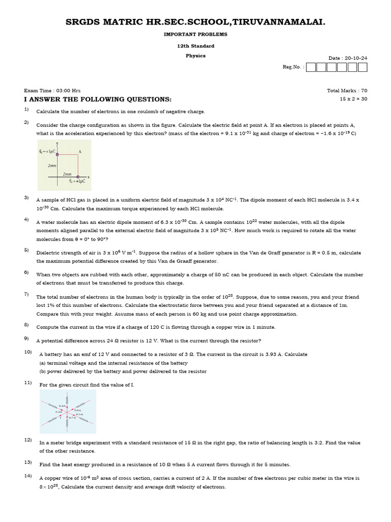 Important 12th Physics Problems | PDF | Electrical Resistance And ...