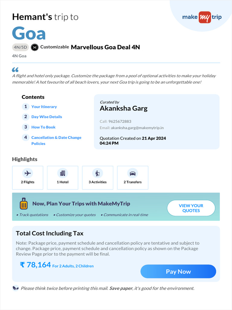 Customizable 4N Goa Holiday Package | PDF