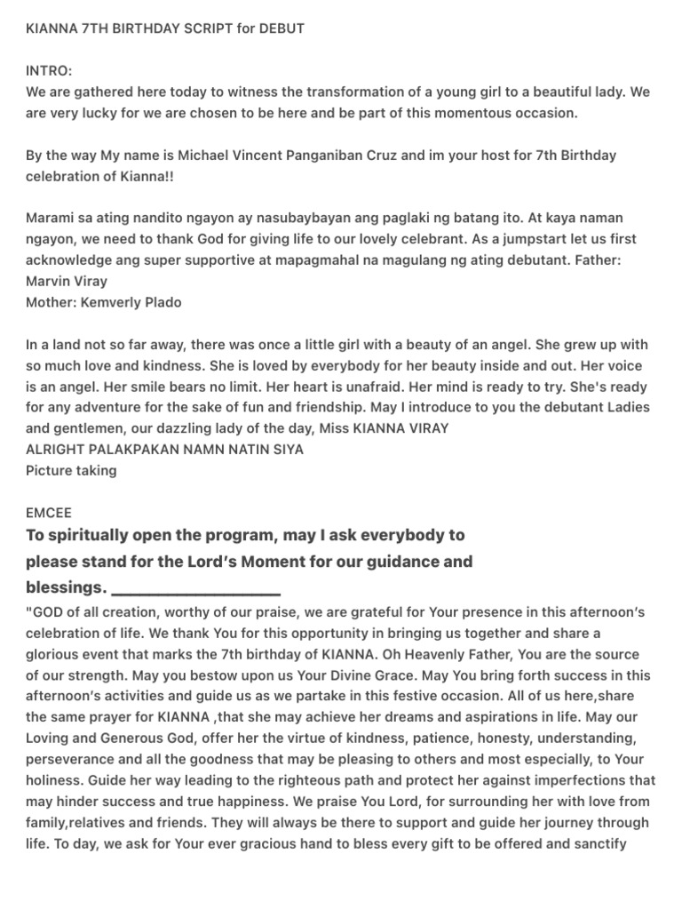 Kianna 7th Birthday Script For Debut 2 | PDF | Birthdays | Prayer