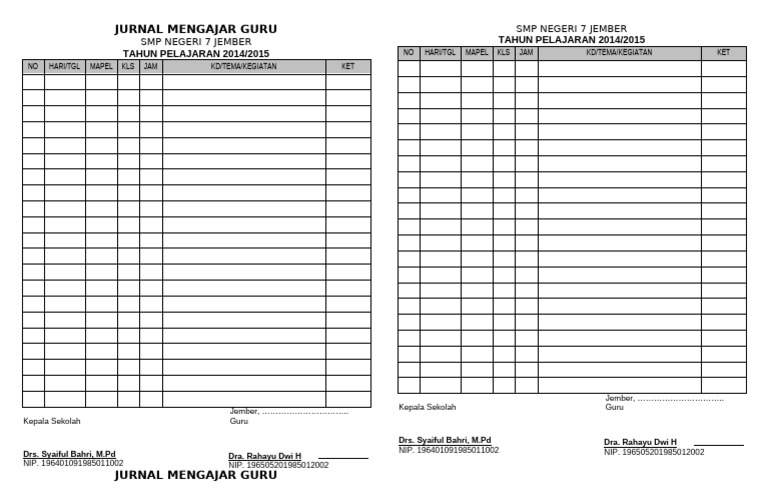 Format Jurnal Mengajar SMP 2014/2015 | PDF