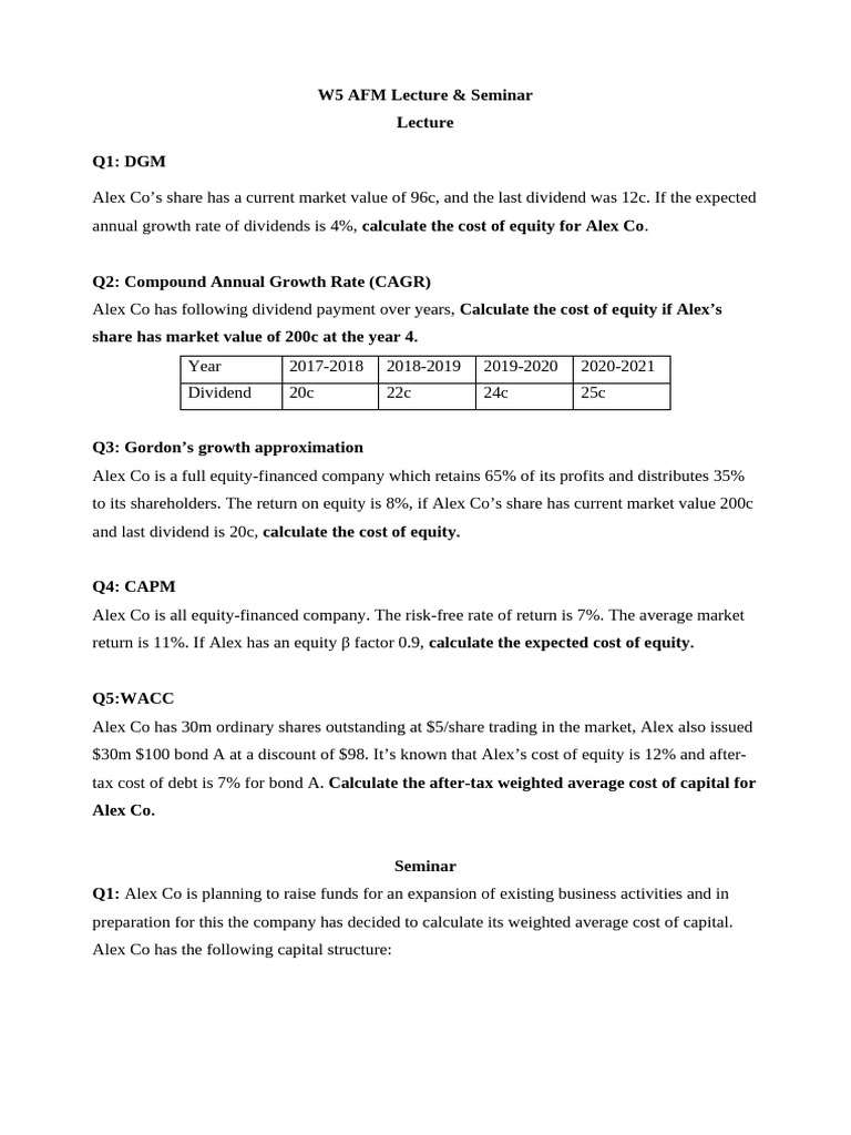 Alex Co: Cost of Equity & WACC Analysis | PDF | Cost Of Capital | Bonds ...