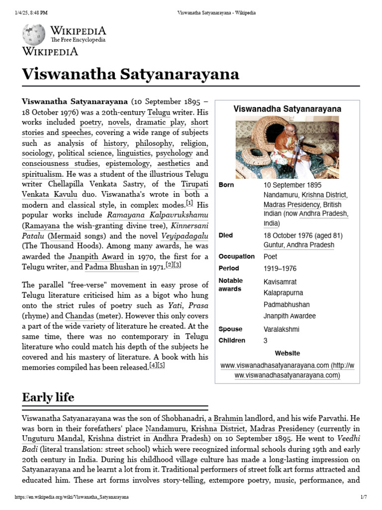 Viswanatha Satyanarayana: A Literary Legacy | PDF