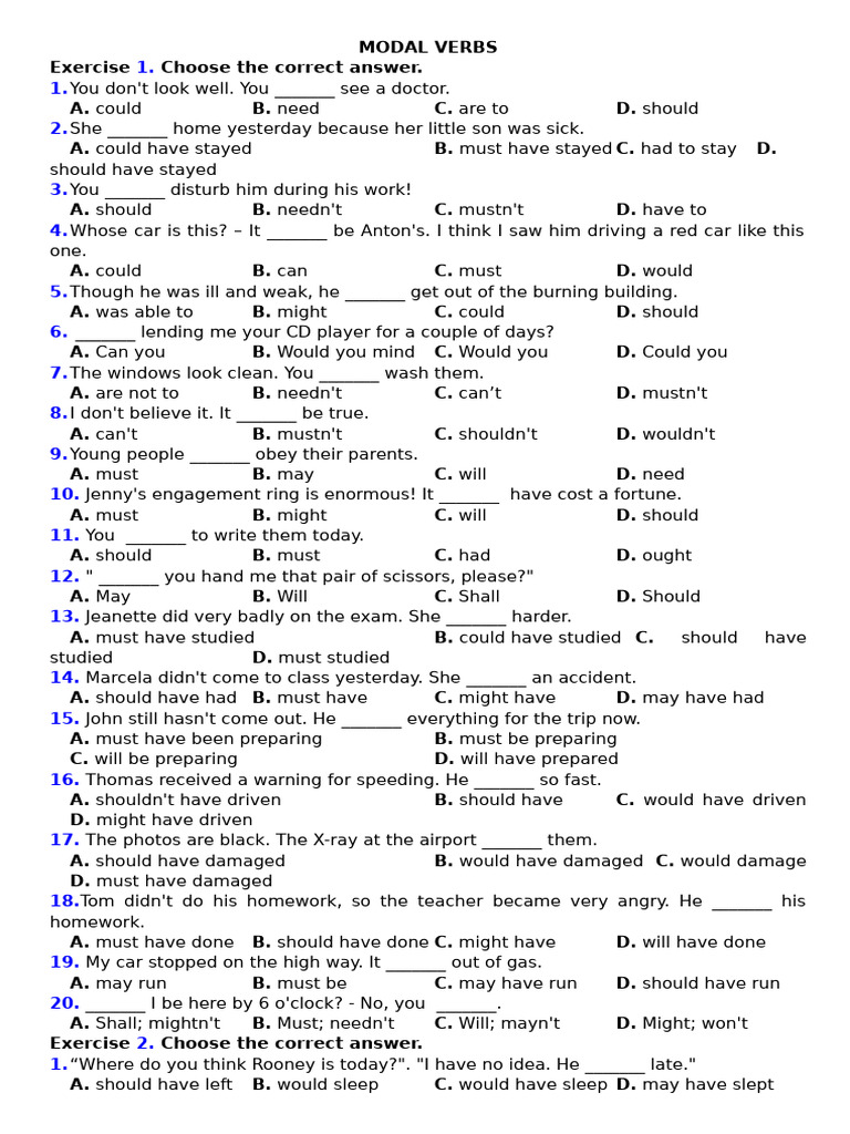 Modal Verbs Exercise and Answers | PDF