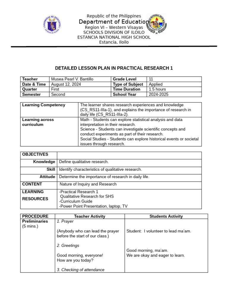 Detailed Lesson Plan: Practical Research 1 | PDF | Qualitative Research ...