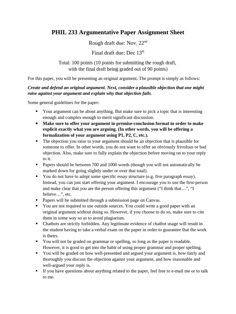 PHIL 233 Paper Assignment Sheet | PDF | Essays | Argument