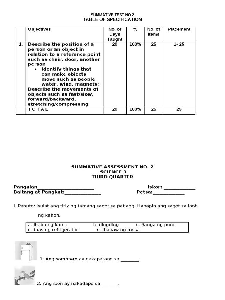 SUMMATIVE SCIENCE 3 3rd QUARTER No. 2 | PDF