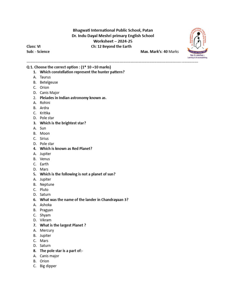 Class 6 Science: Beyond Earth Worksheet | PDF | Planets | Solar System