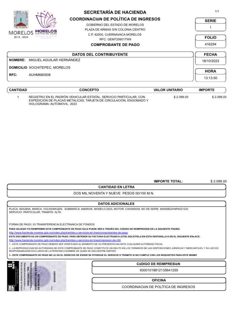 Comprobante de Pago Vehicular Morelos | PDF