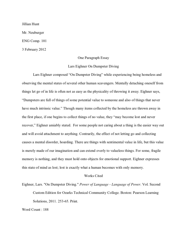 One Paragraph Essay Lars Eighner On Dumpster Diving Jillian Hunt Pdf