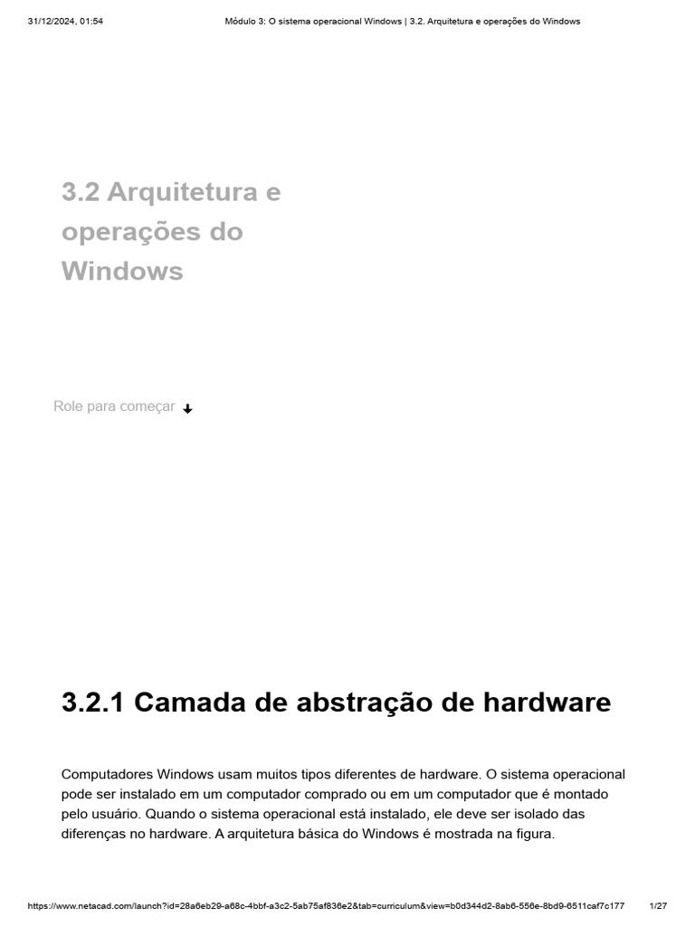 Arquitetura do Windows: HAL e Modos de Operação | PDF | Kernel (sistema ...
