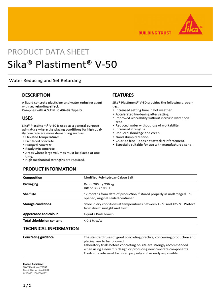 Sika Plastiment v-50 2 | PDF | Concrete | Water