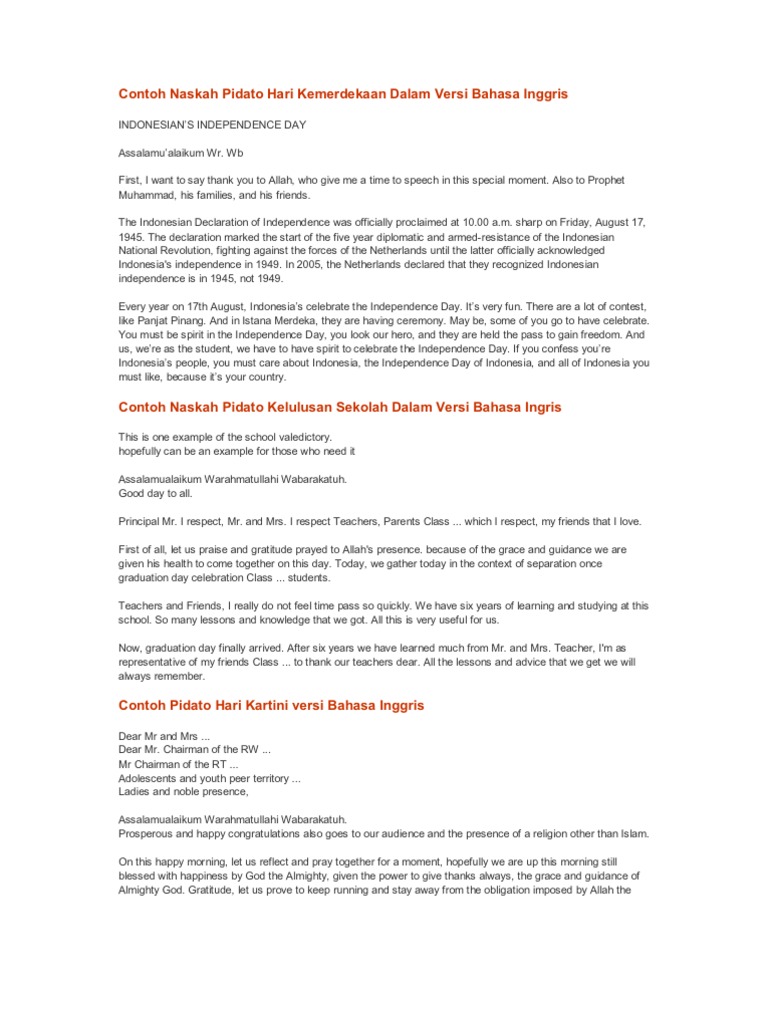 Contoh Naskah Pidato Hari Kemerdekaan Dalam Versi Bahasa Inggris