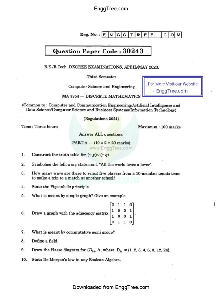 MA3354 Discrete Mathematics Apr May 2023 Question Paper Download | PDF