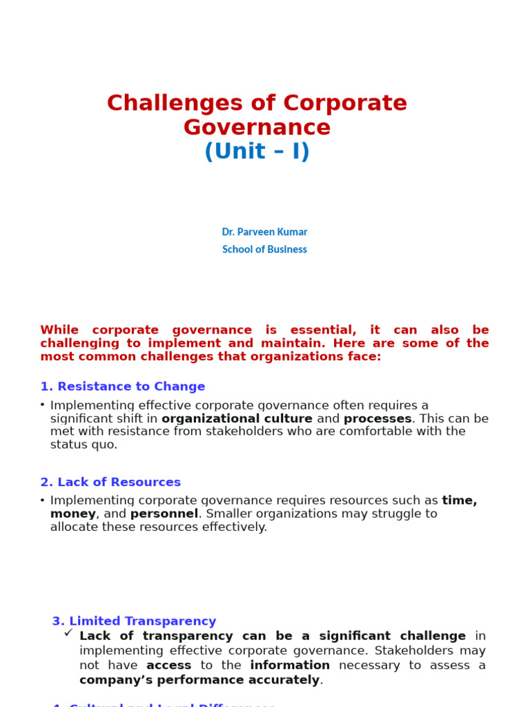 Challenges in Corporate Governance | PDF | Governance | Corporate ...