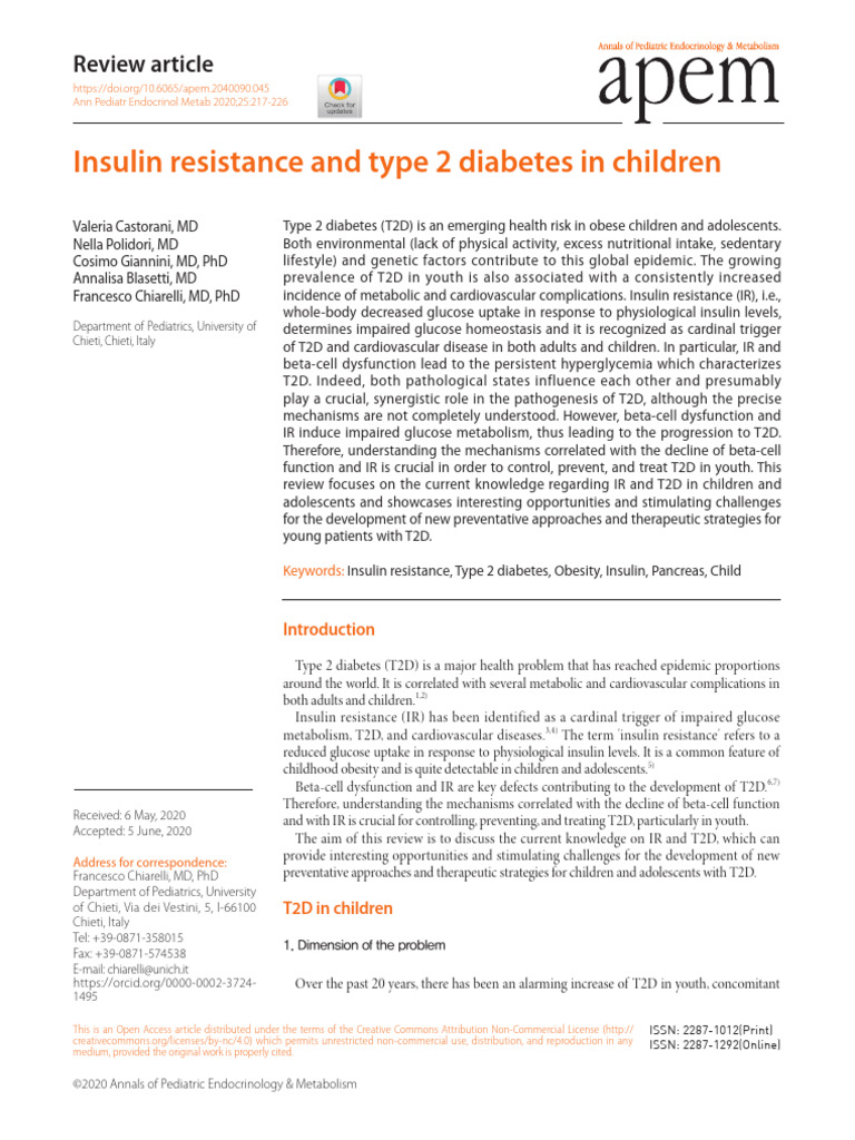 2020 Insulin Resistance and Type 2 Diabetes in Children | PDF | Insulin ...
