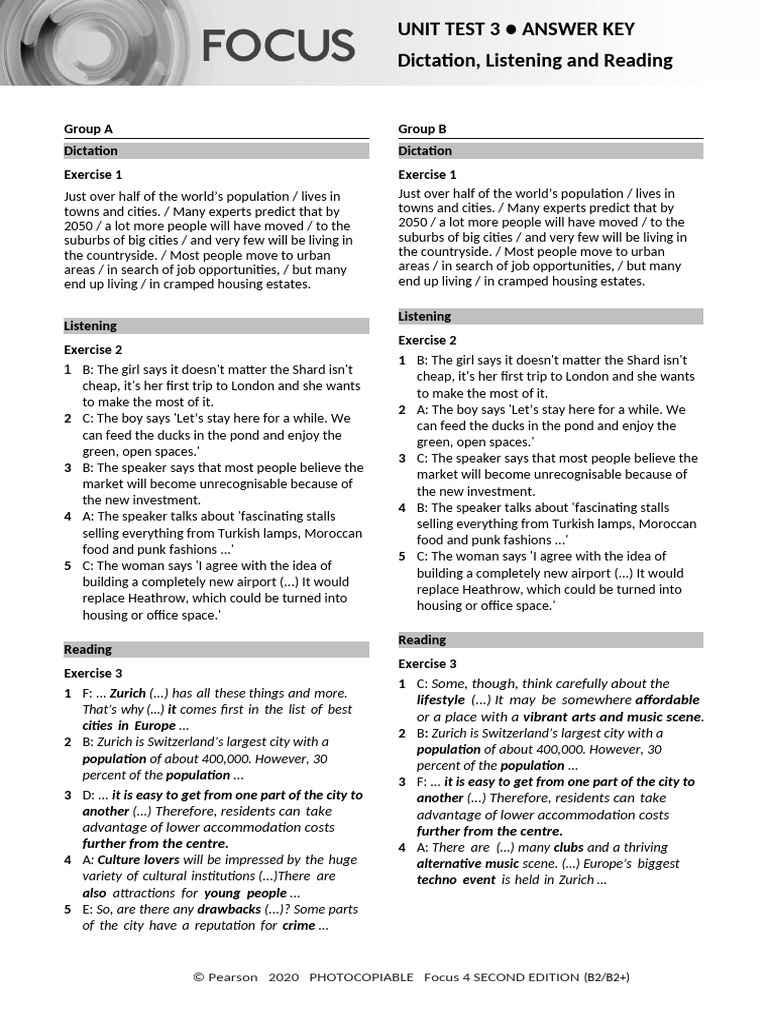 Focus 4 Unit 3 Test Answer Key | PDF