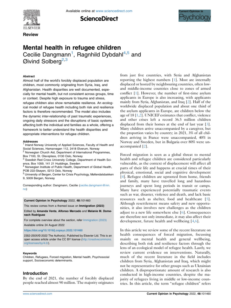 Mental Health in Refugee Children | PDF | Psychological Trauma | Refugee