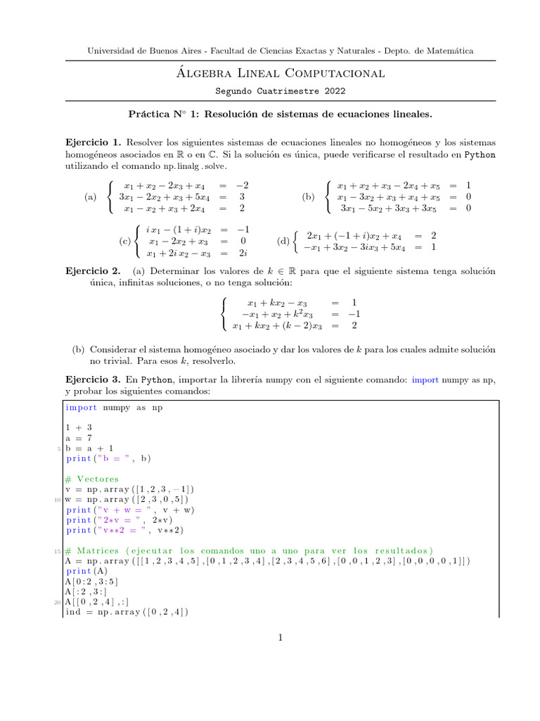 Práctica de Álgebra Lineal en Python | PDF | Álgebra | Matemáticas