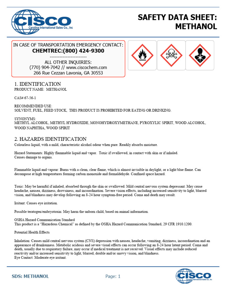 Msds methanol pdf firefighting dangerous goods