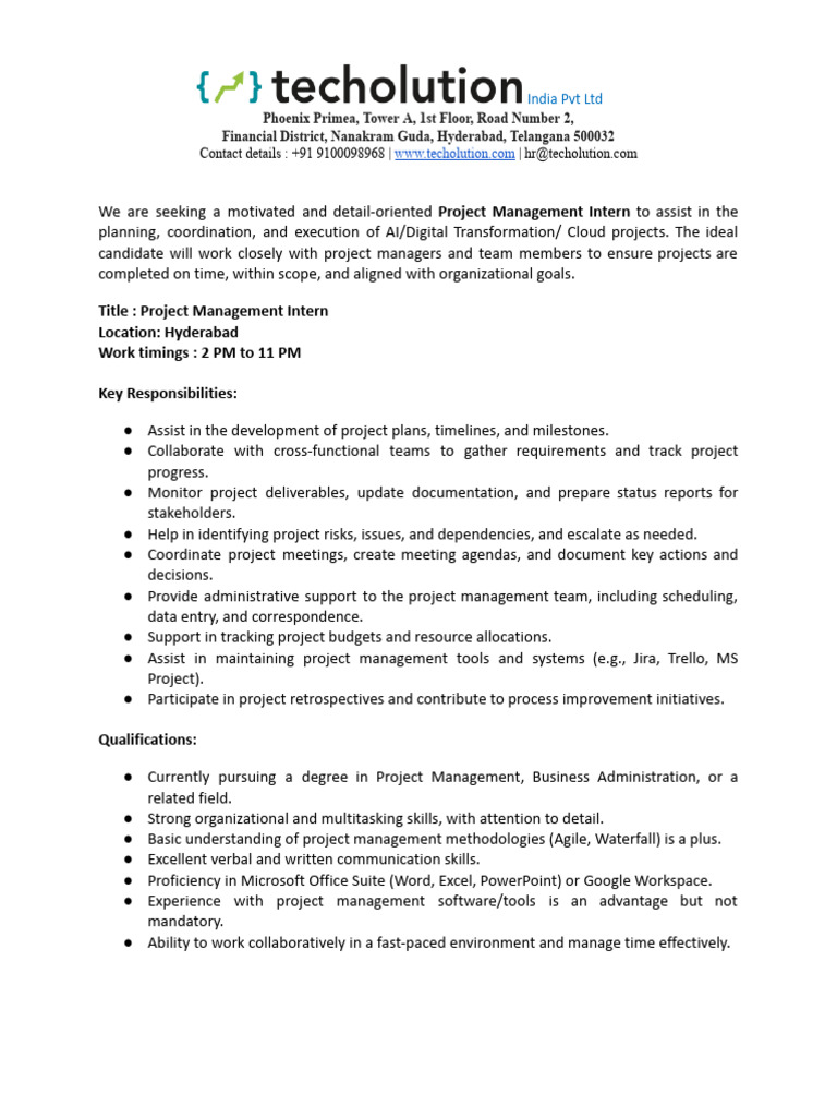 Project Management Intern-Techolution-JD | PDF | Project Management ...