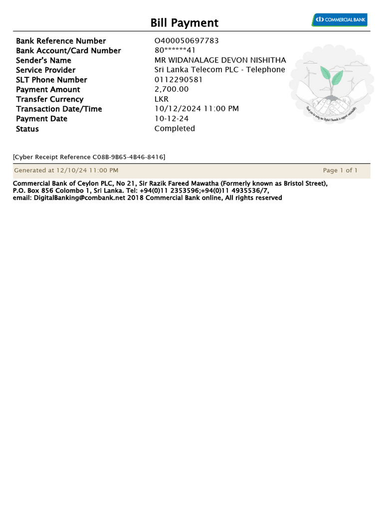 Sri Lanka Telecom Payment Receipt | PDF
