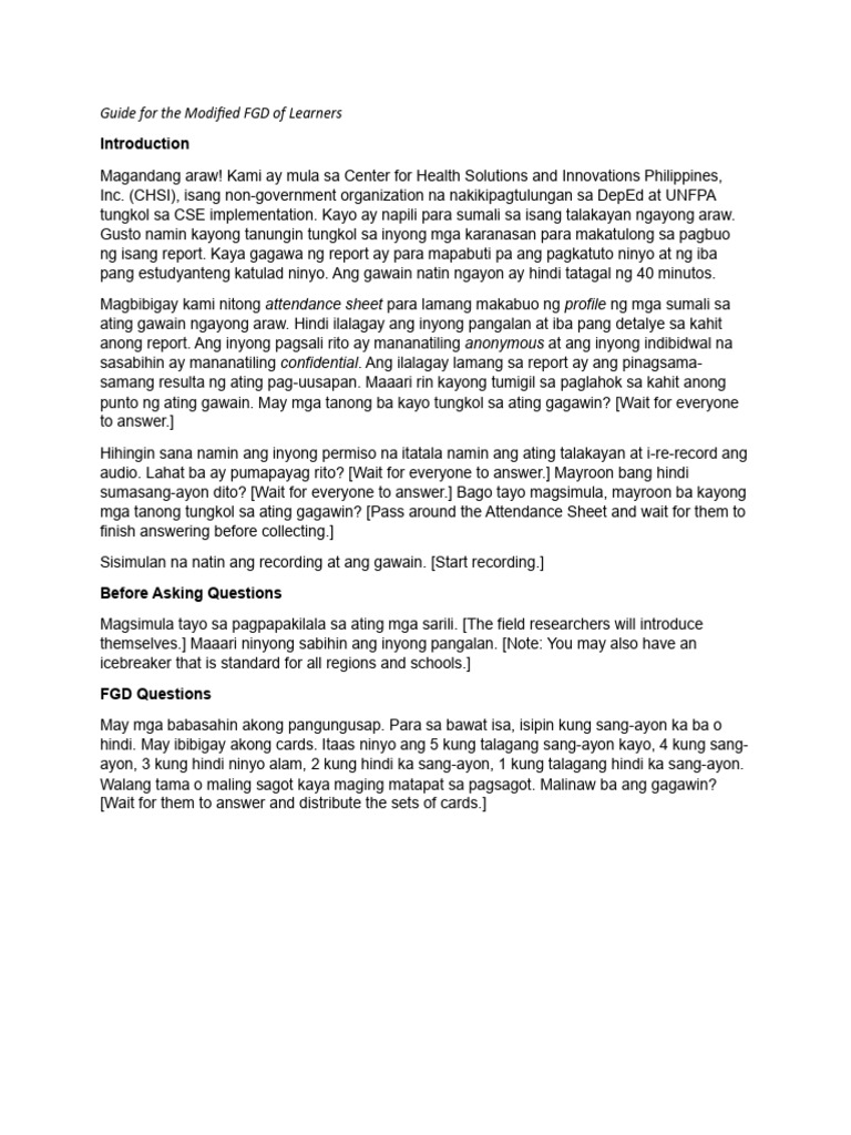 7 Monitoring CSE - Guide For The Modified FGD of Learners | PDF