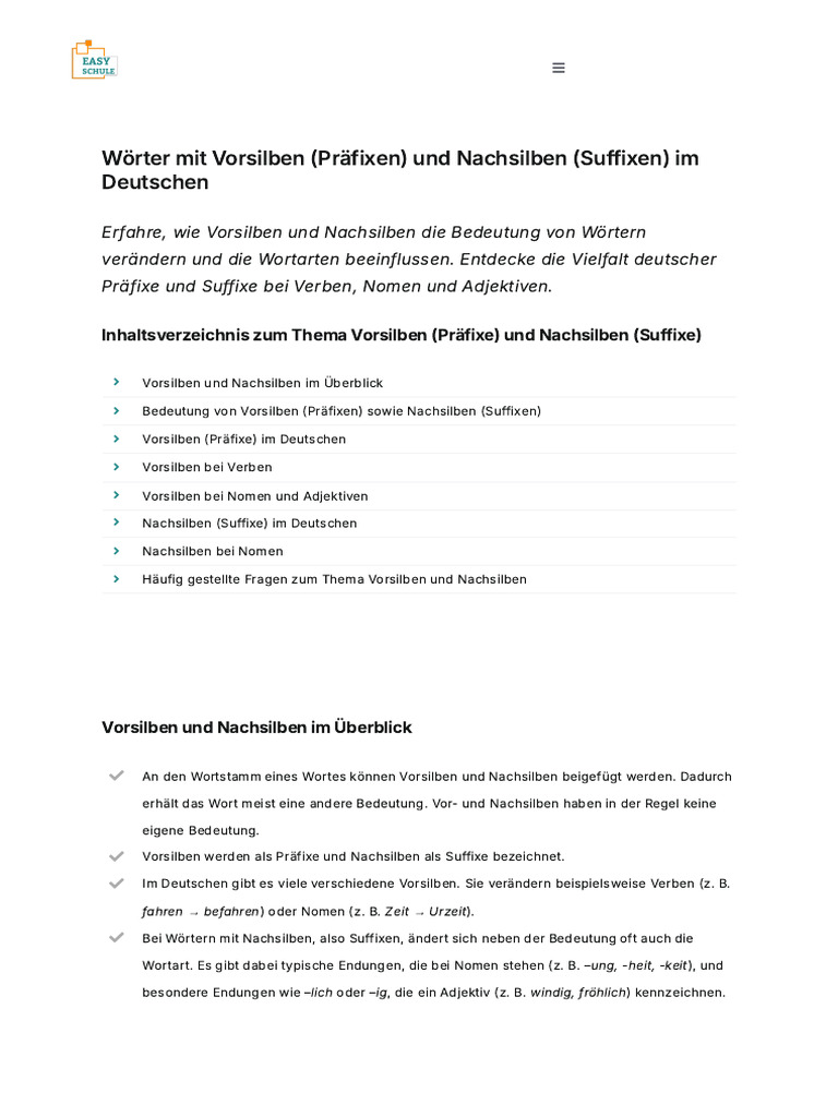 Vorsilben & Nachsilben - Bedeutung & Beispiele - Easy Schule | PDF