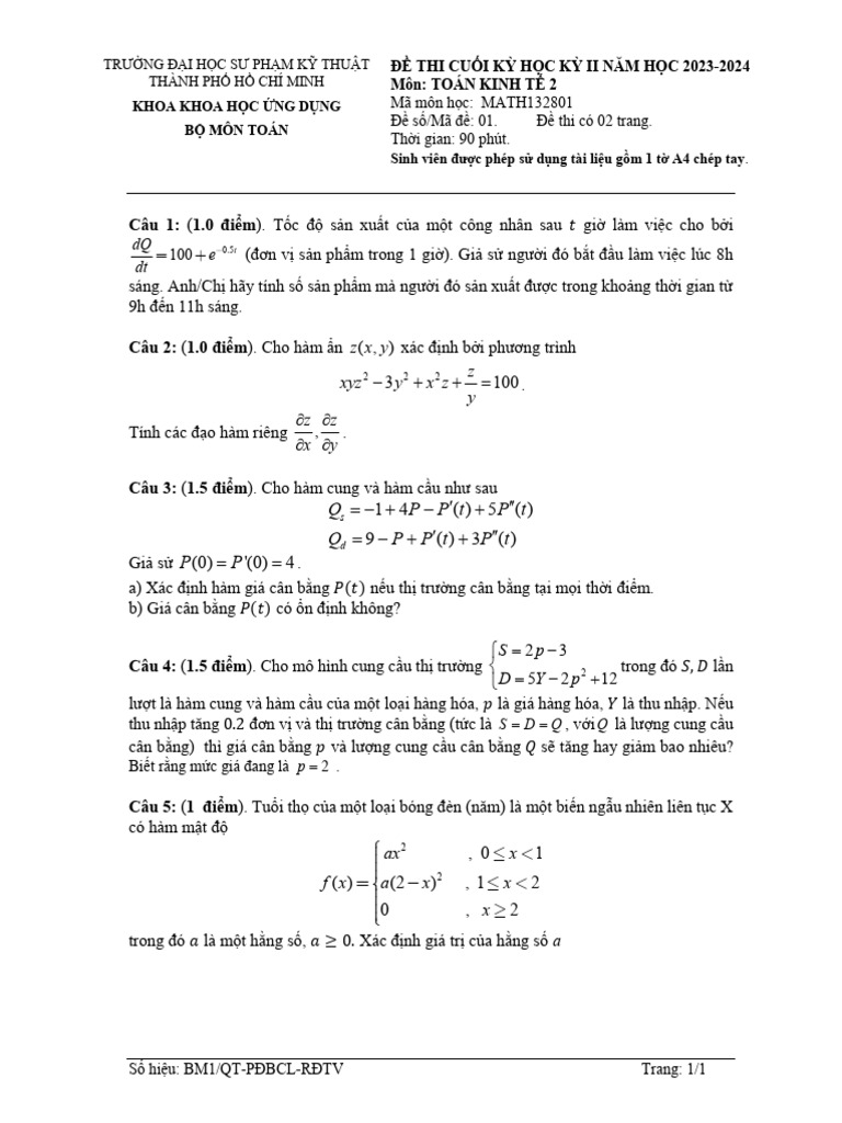 Toan Kinh Tế 2 DT with ans | PDF