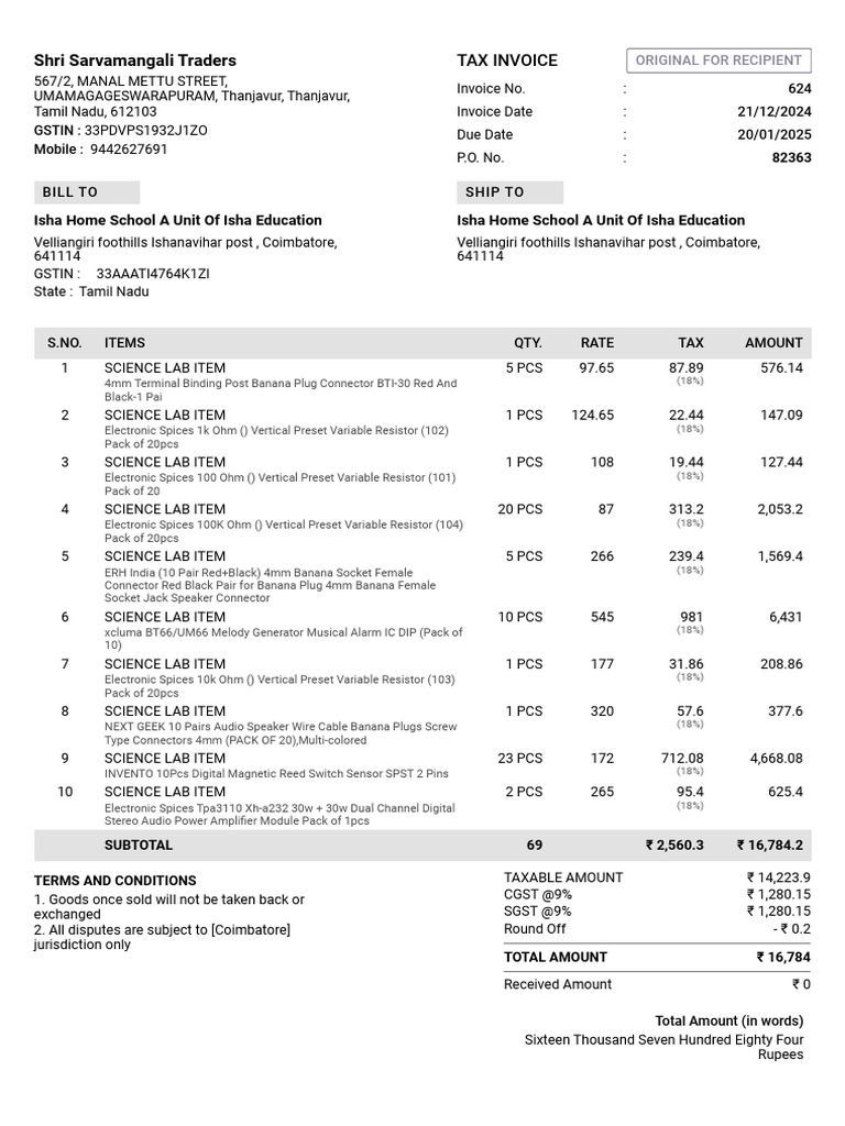 Isha Home School A Unit of Isha Education Sales Invoice 624 | PDF ...