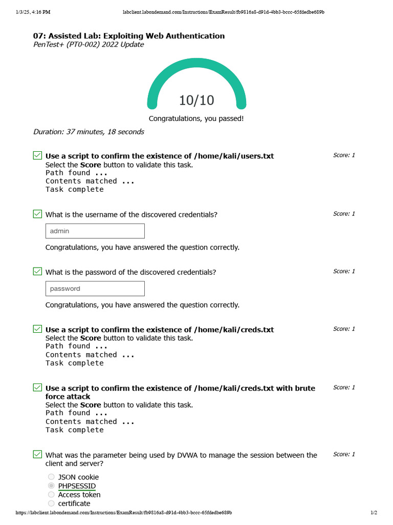 Web Authentication PenTest+ Lab Results | PDF | Password | World Wide Web