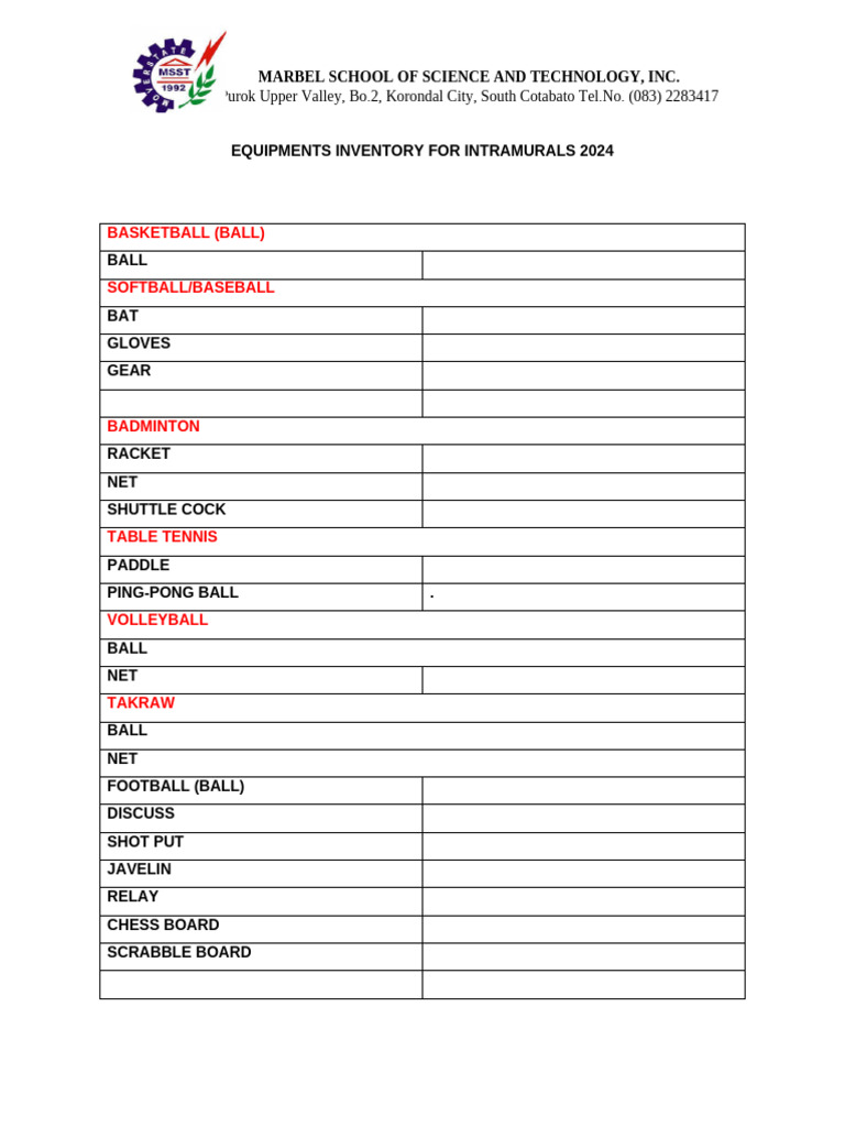 Intramurals 2024 Equipment Inventory | PDF
