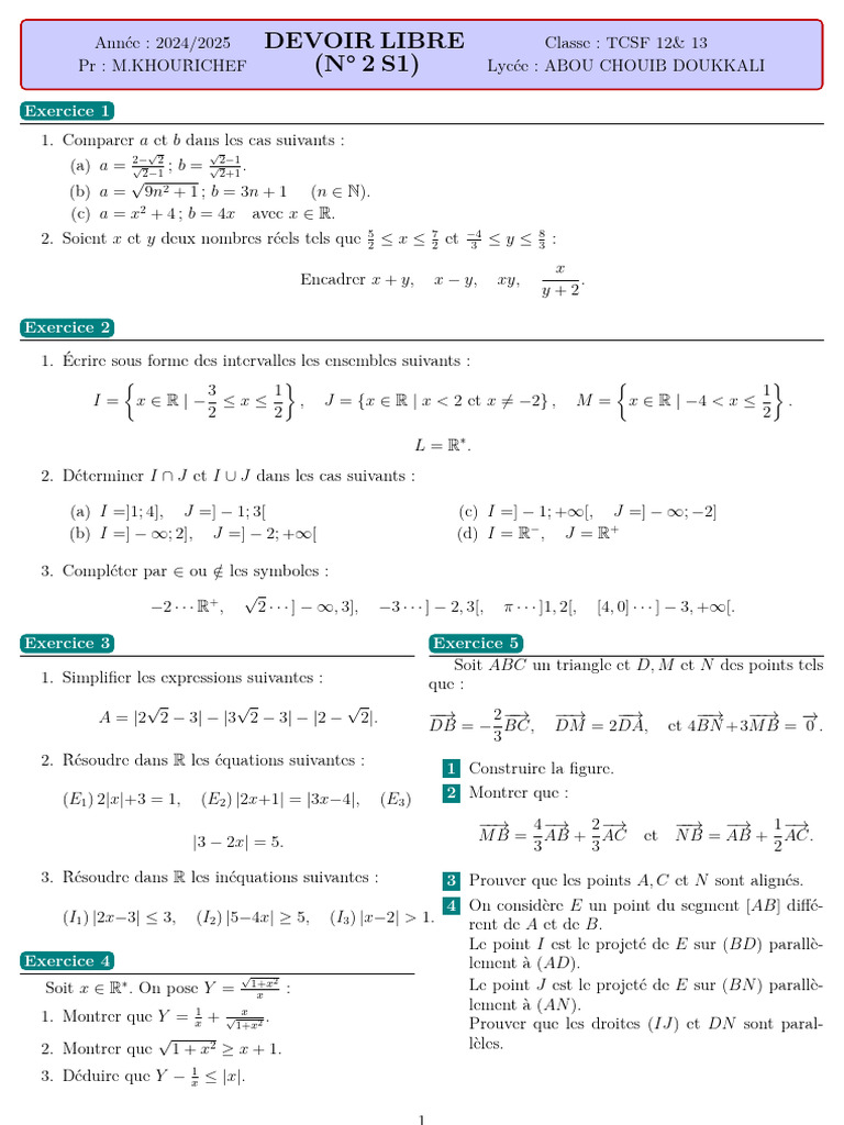 Devoir de mathématiques TCSF 2024-2025 | PDF