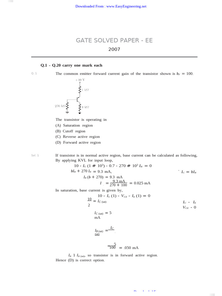 GATE EE 2007 Solved Paper | PDF | High Voltage Direct Current | Transistor