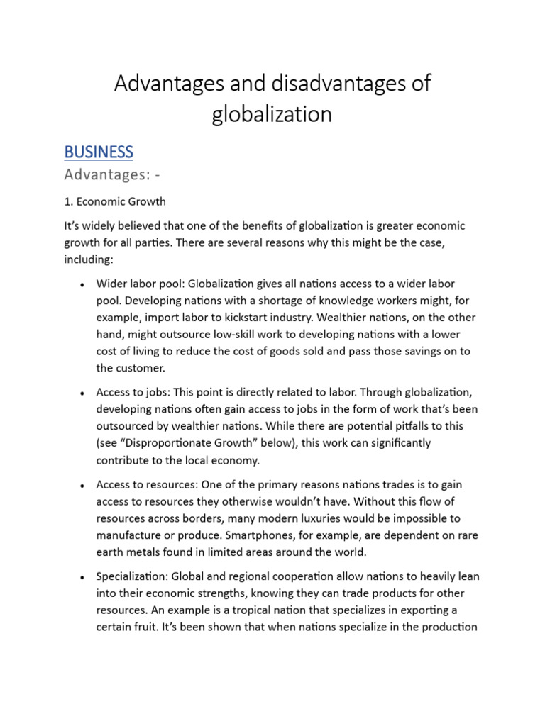 Advantages and Disadvantages of Globalization | PDF | Cost Of Living ...