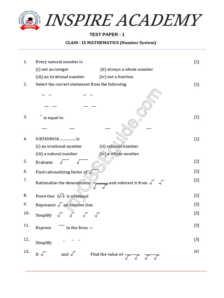 Class 9 Maths Chapter 1 Test Paper | PDF | Numbers | Discrete Mathematics